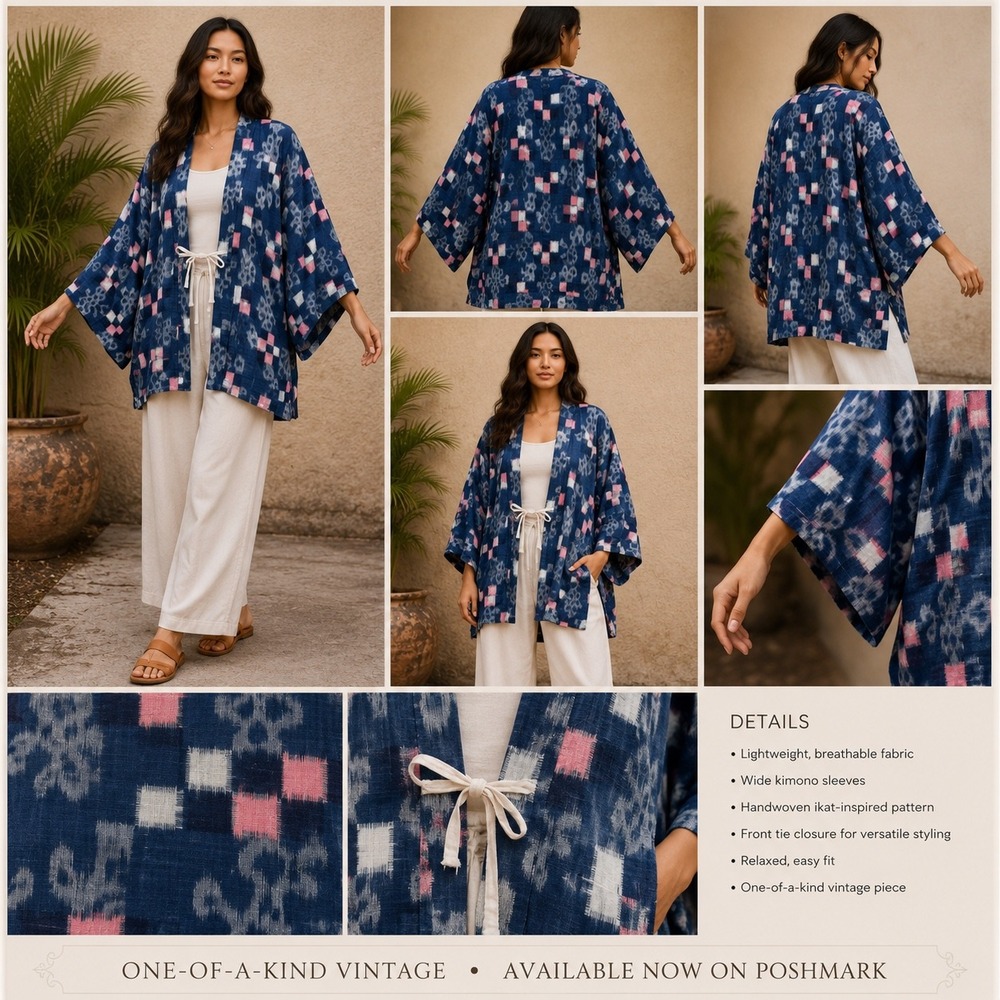 Vintage Handwoven Ikat Kimono Haori Jacket Indigo Blue Pink Front‎ Tie One Size